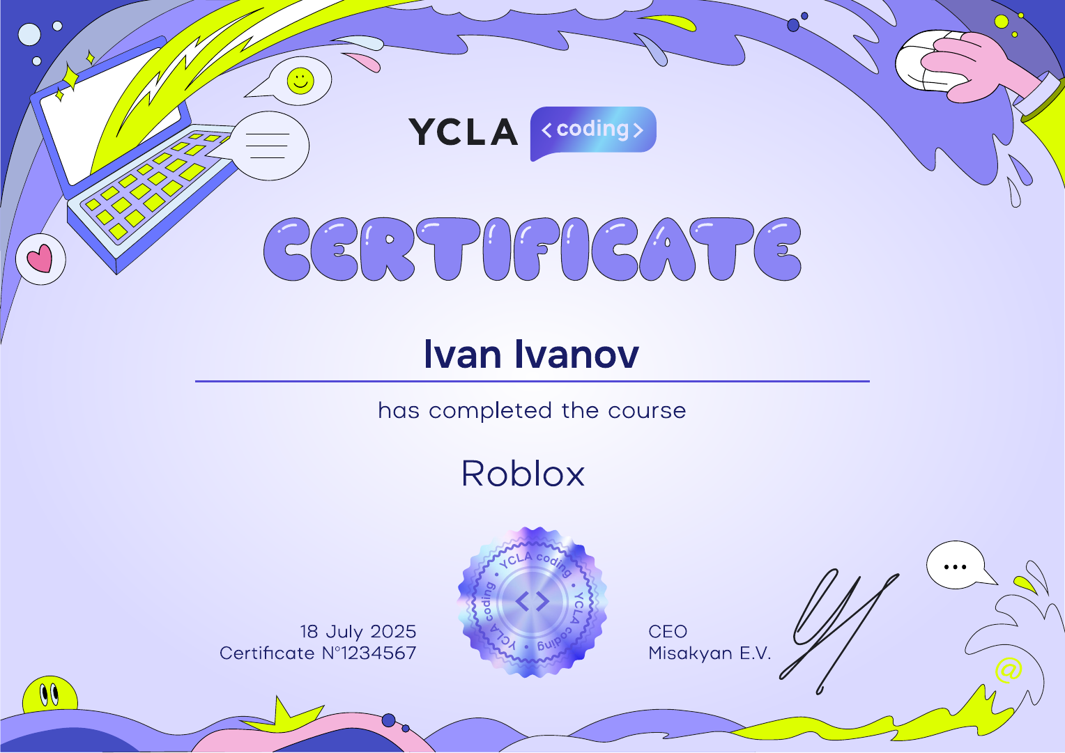 Certificate after completing the Ycla coding school course